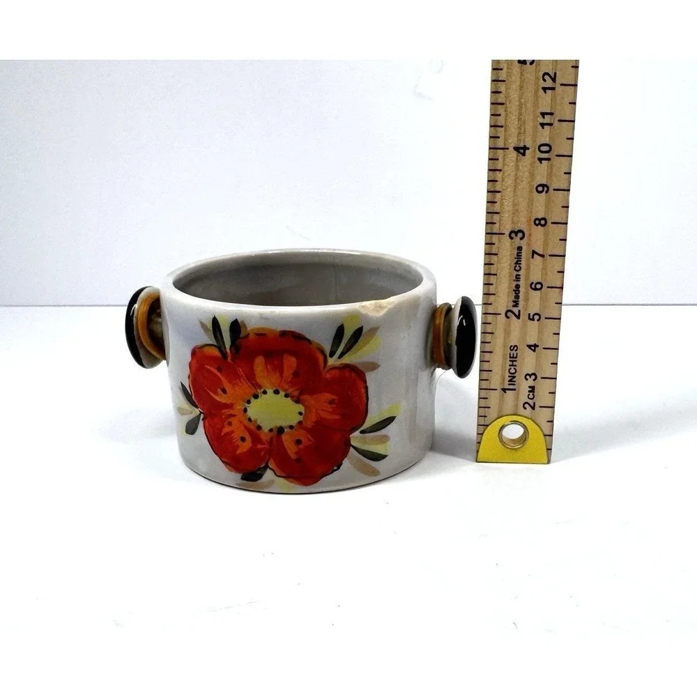 Vintage Mini Ceramic Basket Red Floral Wire Wrapped Handle Cottage‎ Decor